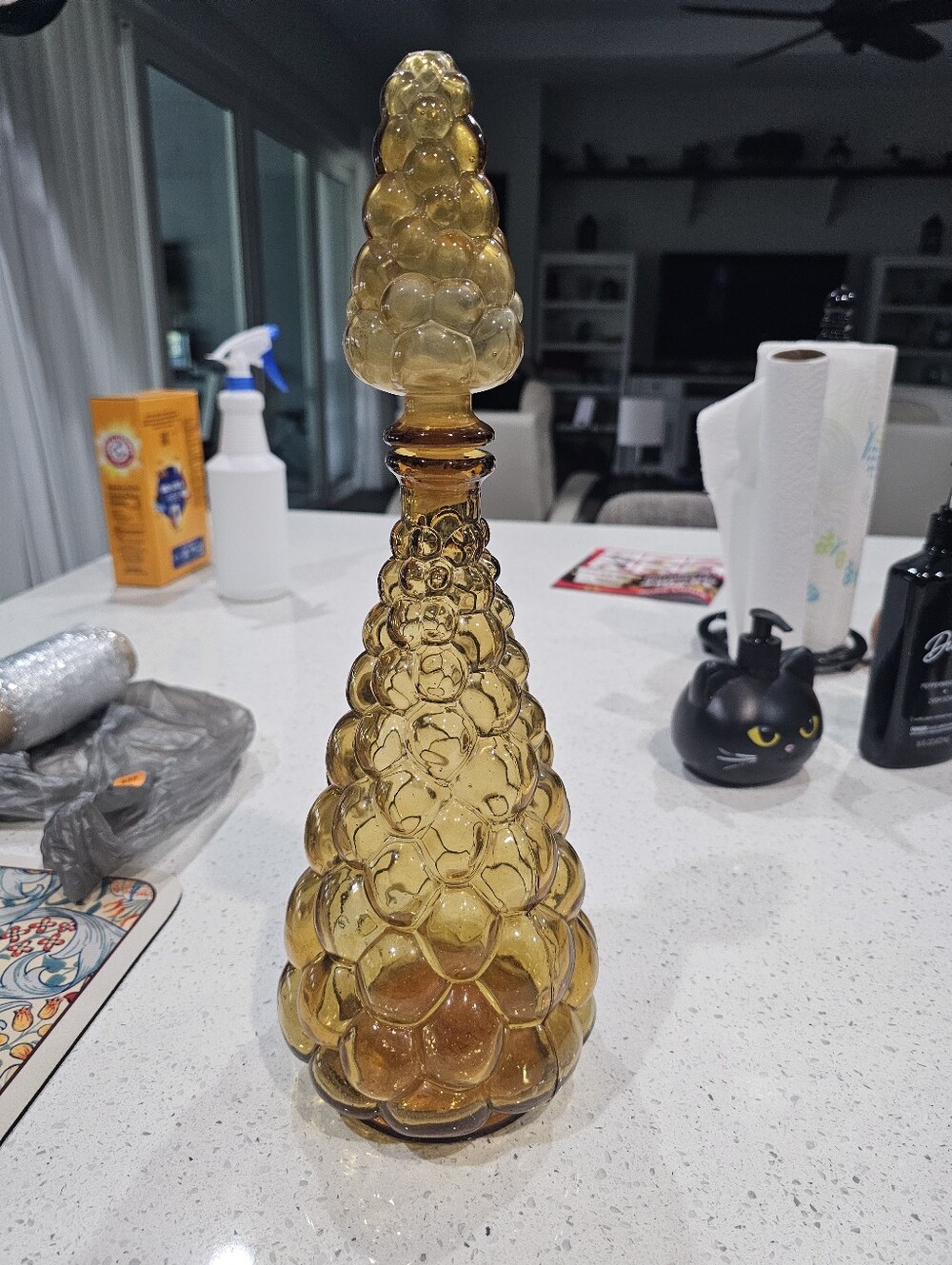 MCM Empoli Amber Bubble Glass Genie Bottle Decanter w/ Stopper Italy 1060's